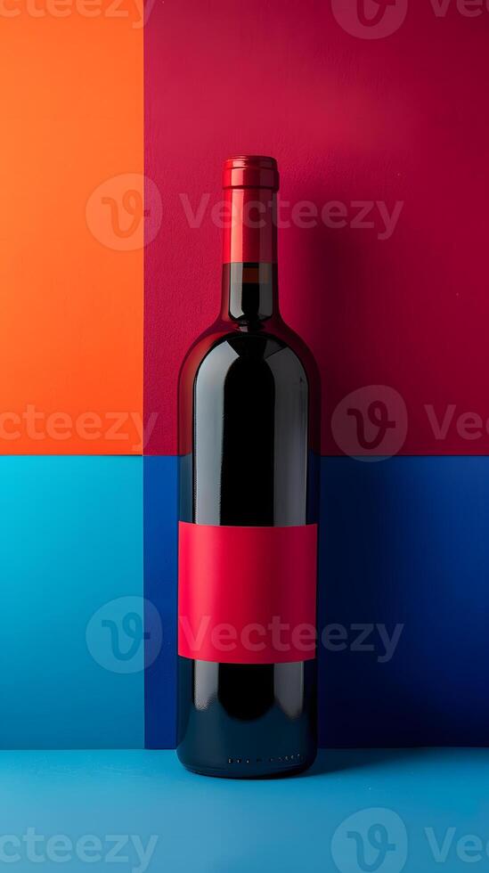 Red wine in glass bottle with red label on colorful background photo