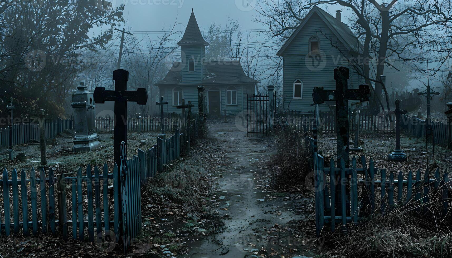 a cemetery with a church in the background on a foggy day photo