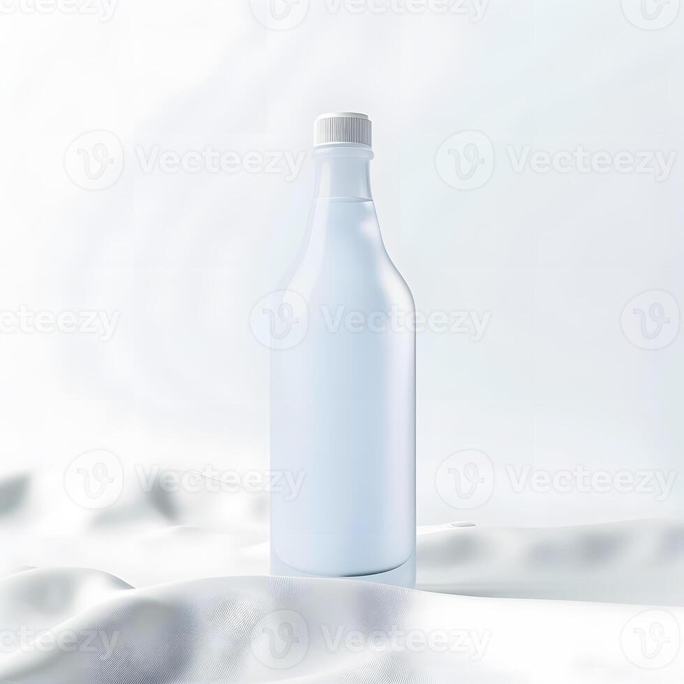 Glass bottle containing liquid placed on white cloth on table photo
