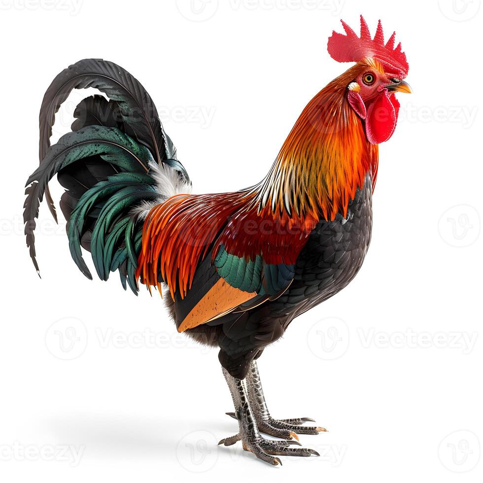 Colorful Phasianidae bird with red comb and beak standing on white background photo