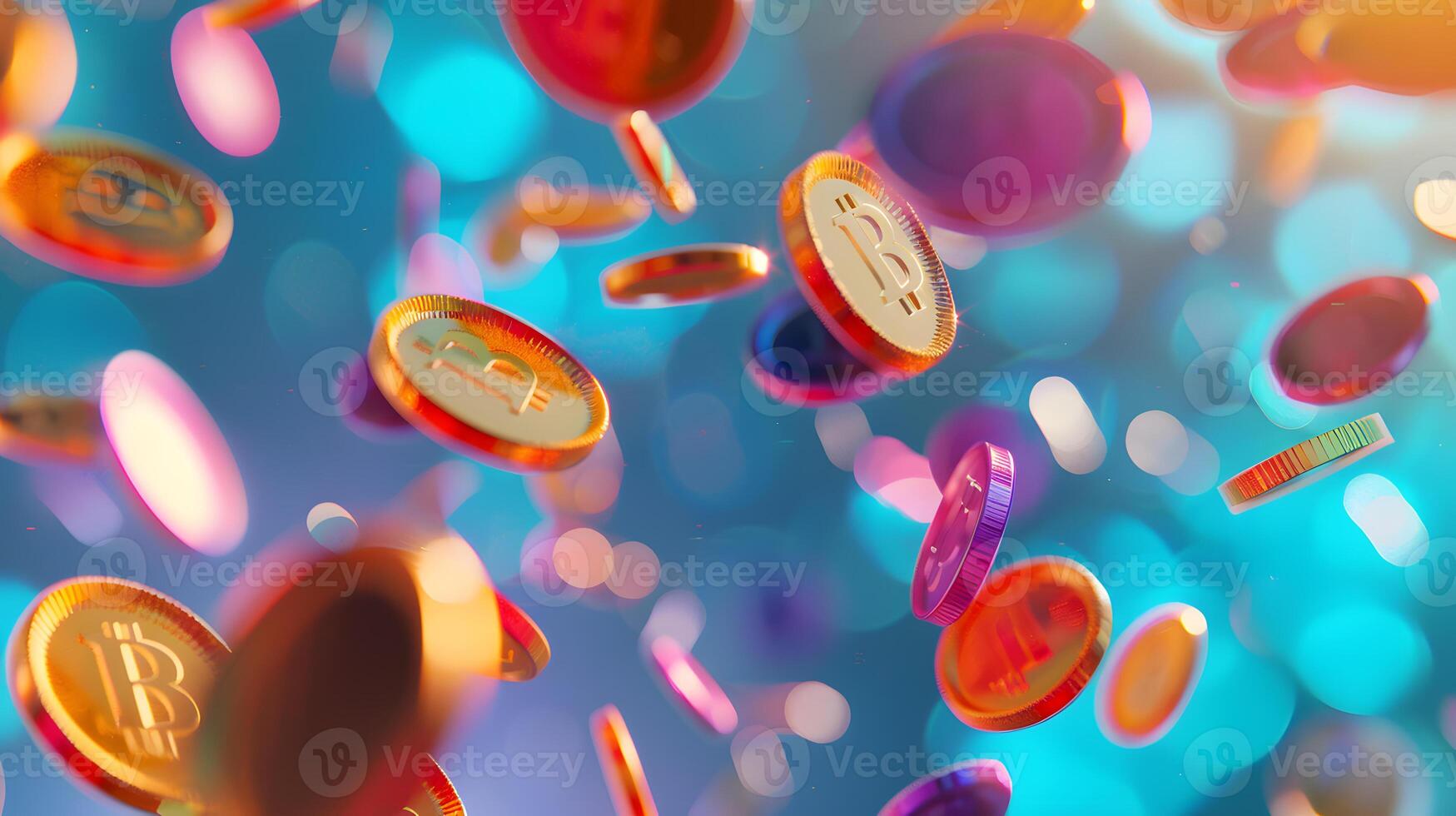 Colorful Cryptocurrency Coins Falling in Digital Abstract Background photo