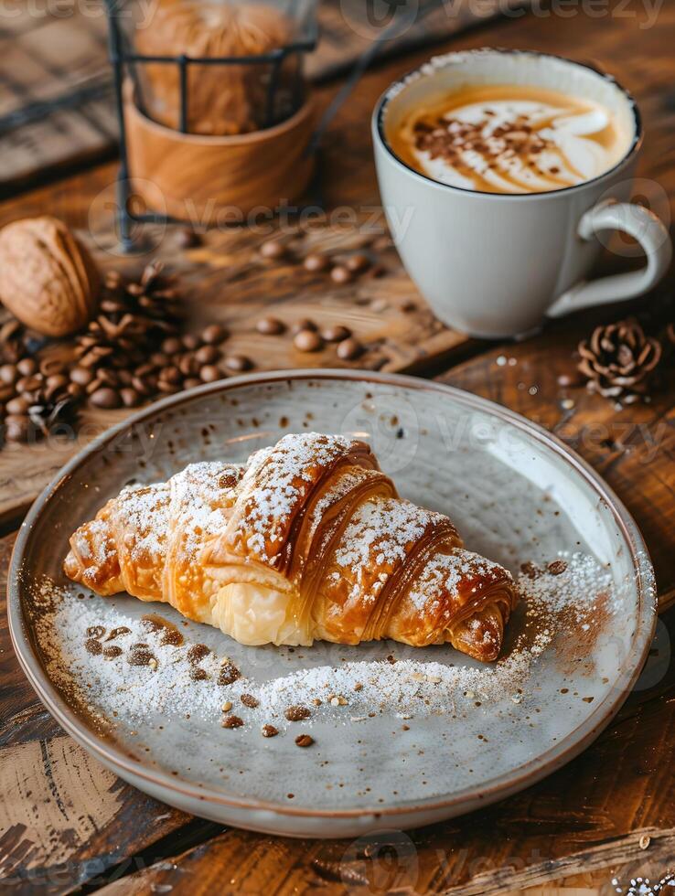Croissant with powdered sugar on a plate, served with a cup of Cuban espresso photo