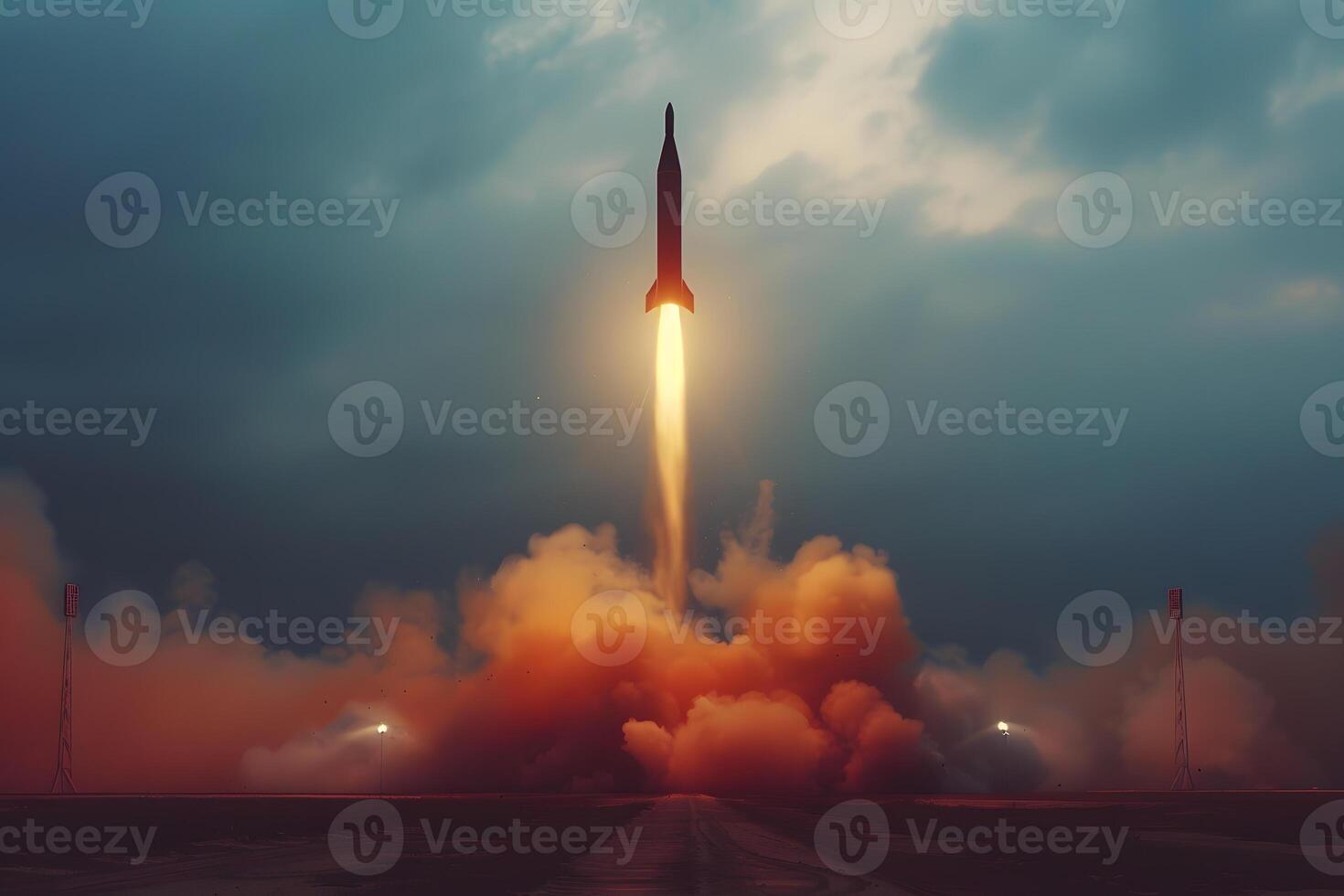 Rocket launches into sky releasing smoke, creating a cloudlike pollution event photo