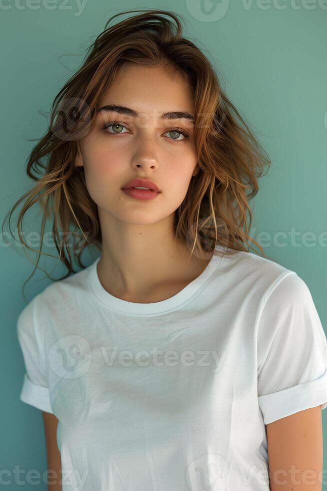 A woman with white tshirt in front of blue wall, smiling photo