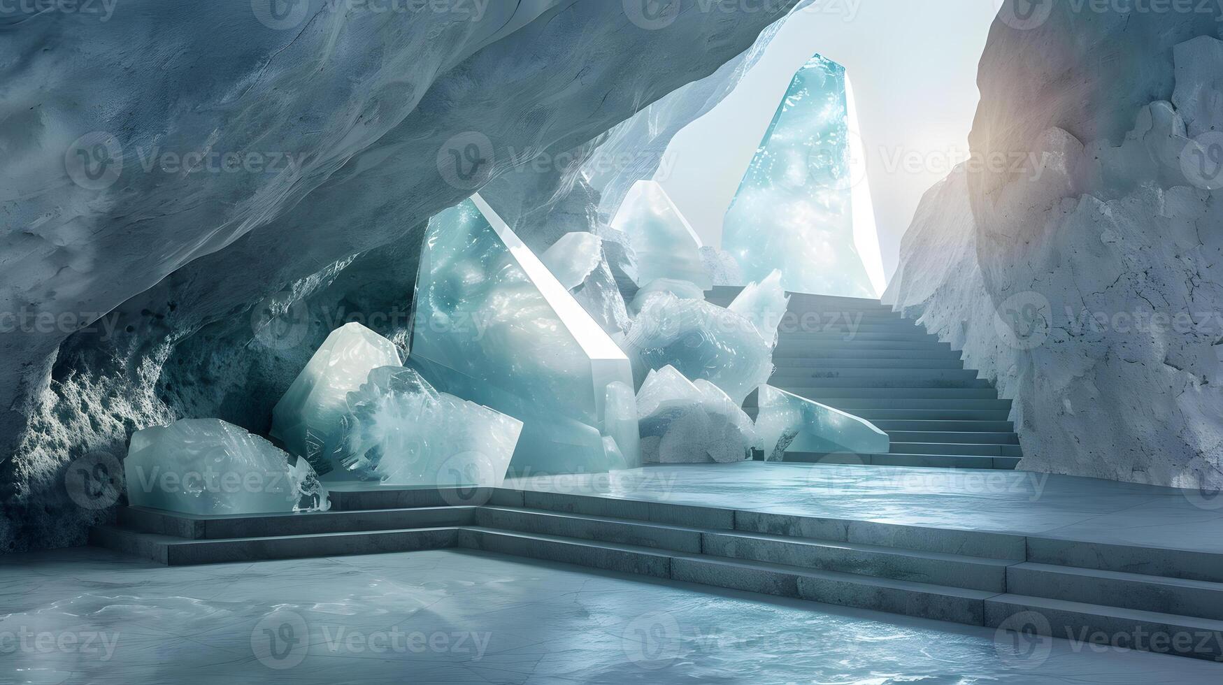 Icy Cave with Crystal Structures and Sunlight Rays photo
