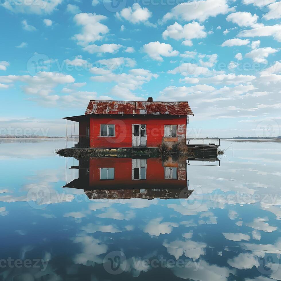 A red house floats on the lake, surrounded by water and clouds in the sky photo