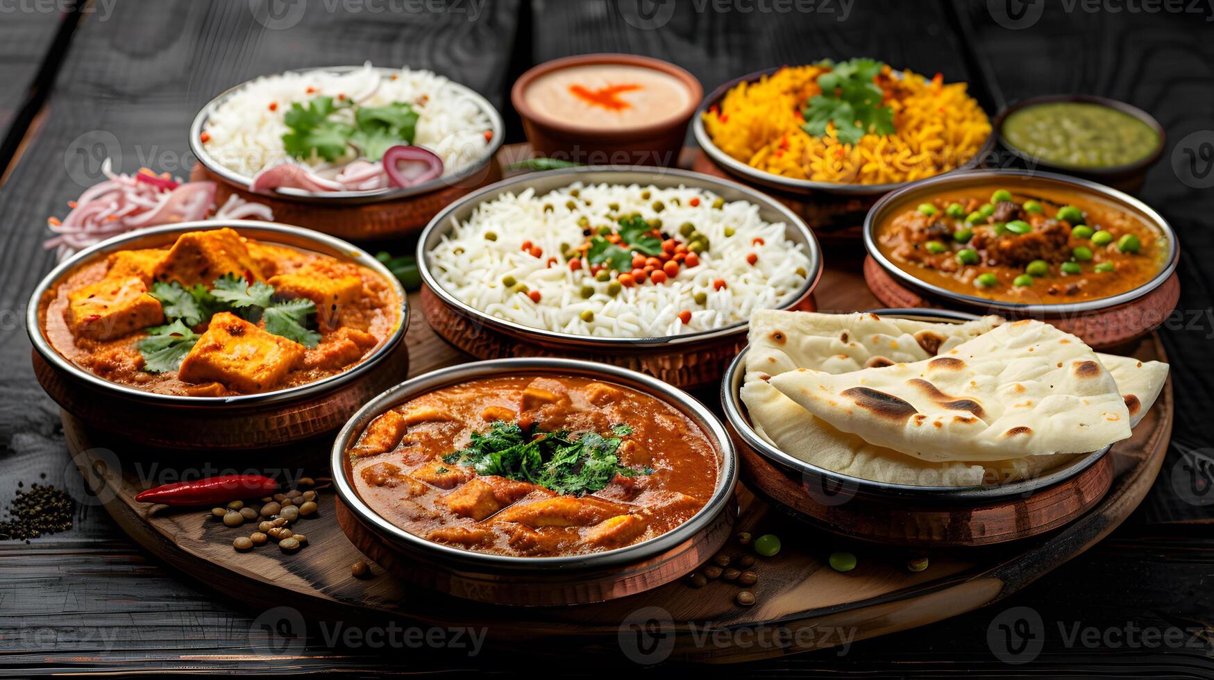 Variety of food displayed on the table with different dishes and ingredients photo