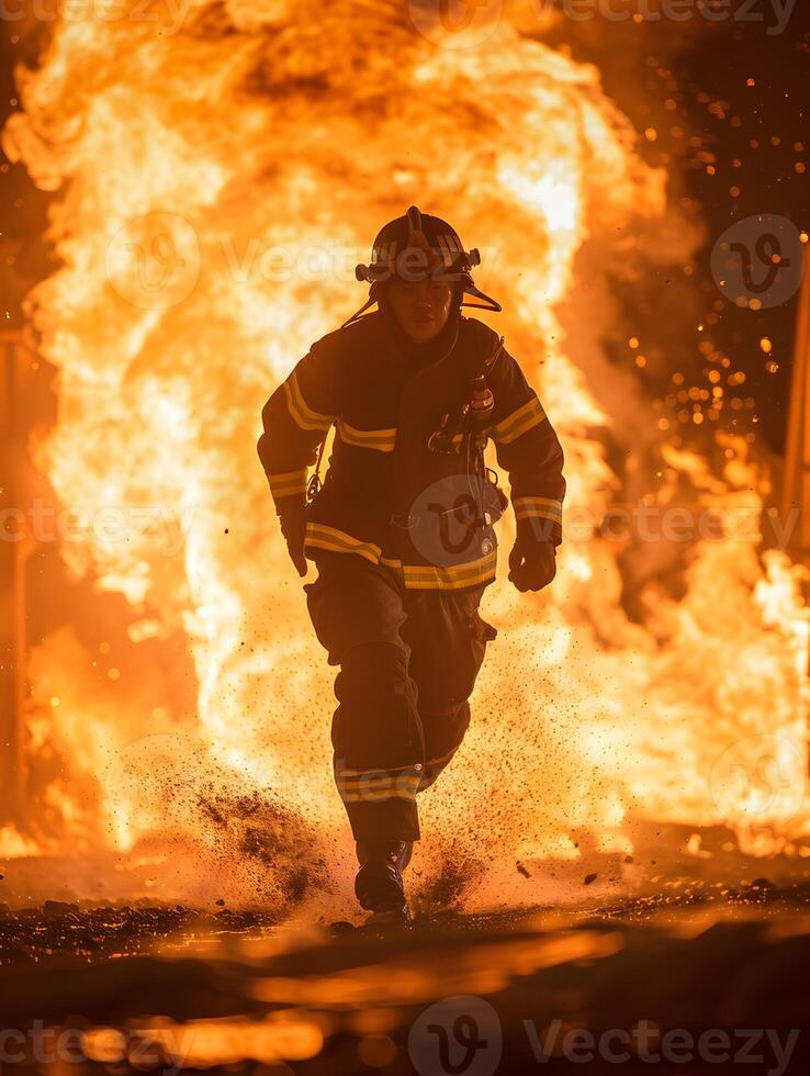 Fireman sprinting ahead of raging wildfire, engulfed in heat, smoke, and flames photo