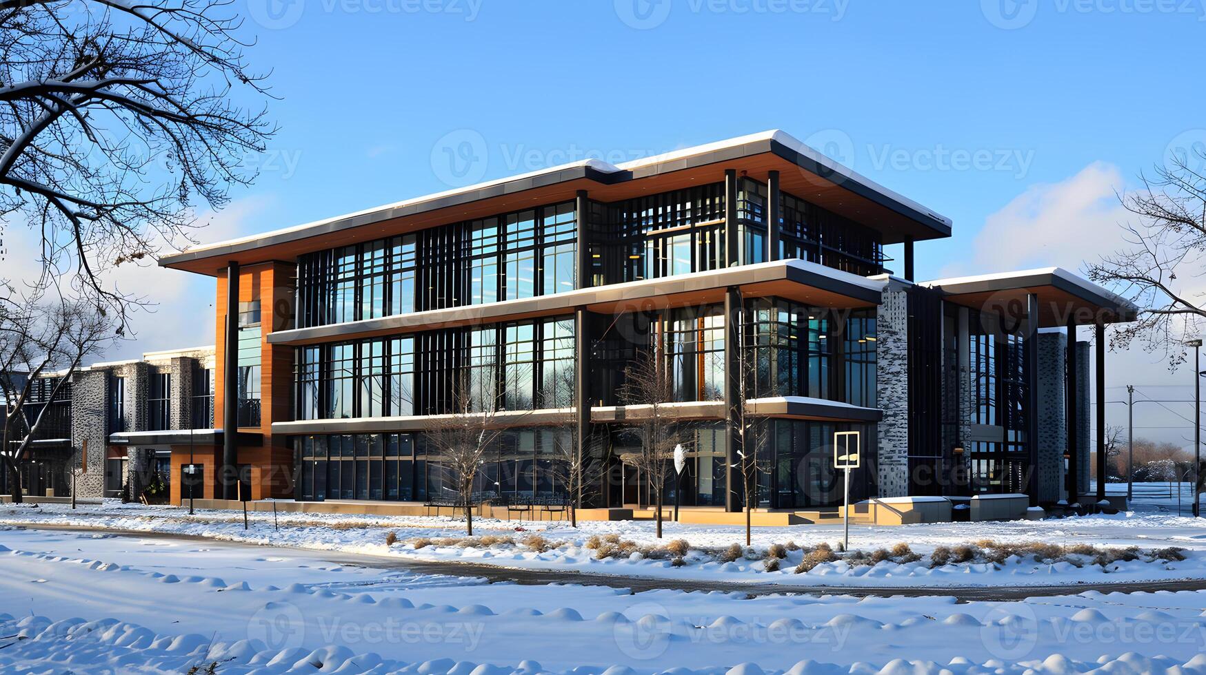 Modern office building in winter with glass and wood design photo