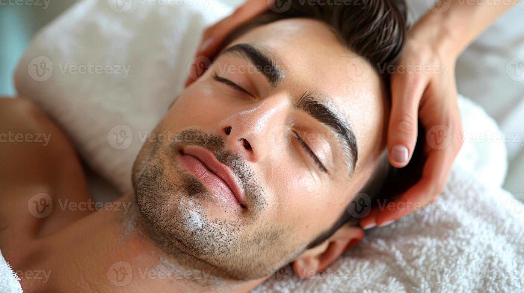 A male client enjoys a soothing cosmetology treatment with a gentle facial massage and skin care products applied in a serene salon setting. Relaxation and self-care are prioritized. photo