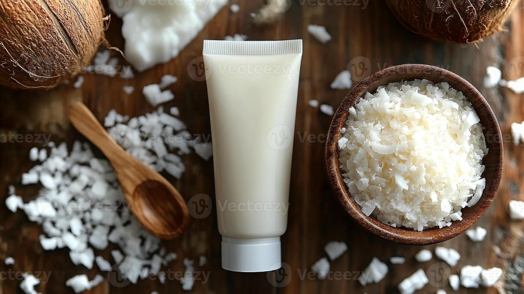 A white tube is placed on a wooden table alongside a bowl of coarse salt and coconut, highlighting an inspiring DIY beauty project with natural elements. photo