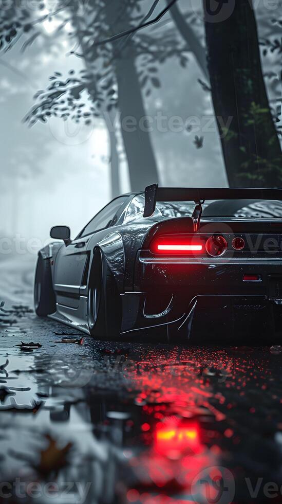 Sleek Sports Car in Mystical Forest with Red Tail Lights, Wet Road photo
