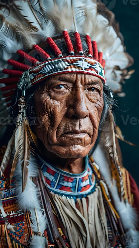 Close up of a tribal chiefs face wearing a feathered headdress photo