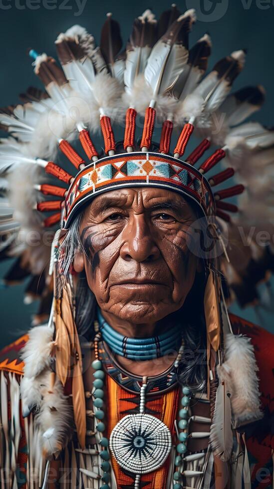 Closeup of a tribal chief in electric blue headgear with feathered headdress photo
