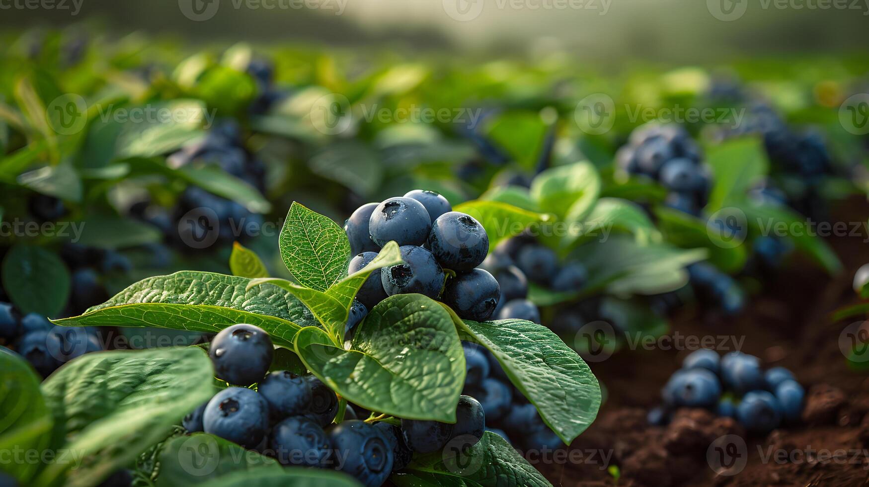 Blueberries growing naturally on a bush in a field photo