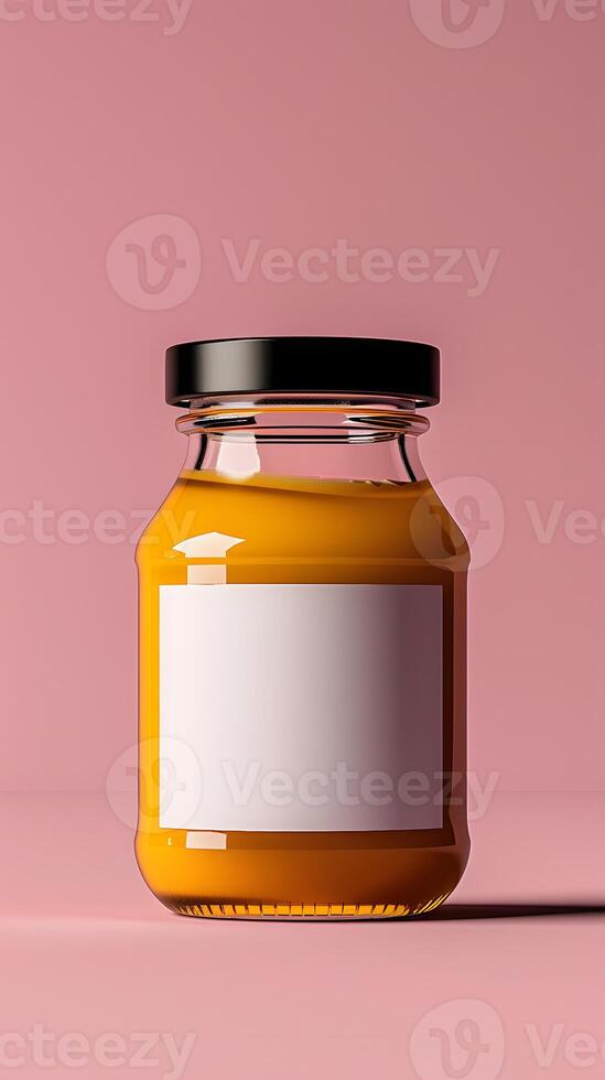 Jar of Orange Smooth Honey with Blank Label on Pink Background photo