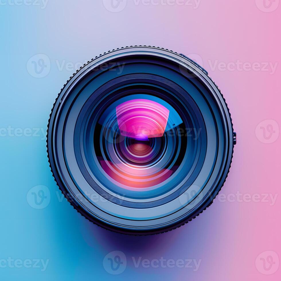 Camera lens on blue and pink background, vibrant colors, circular shape photo