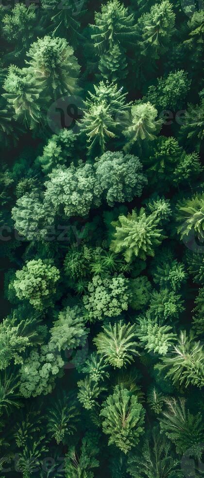 Aerial view of a dense evergreen conifer forest with lush green groundcover photo