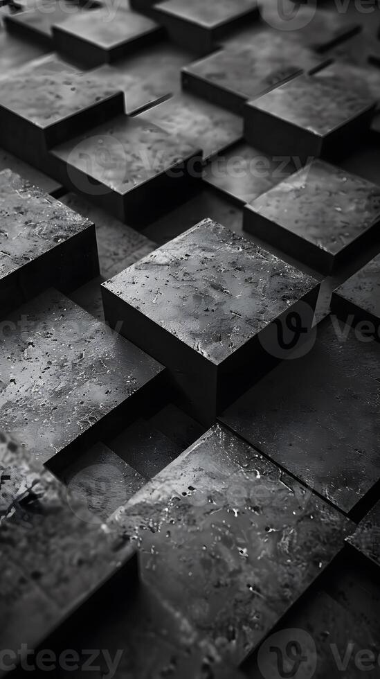 Monochrome image of a pile of rectangular grey bricks in a patterned formation photo