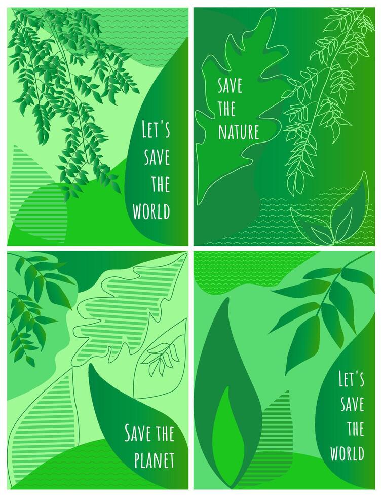 Set of four eco-friendly posters in shades of green with images of leaves and natural elements vector