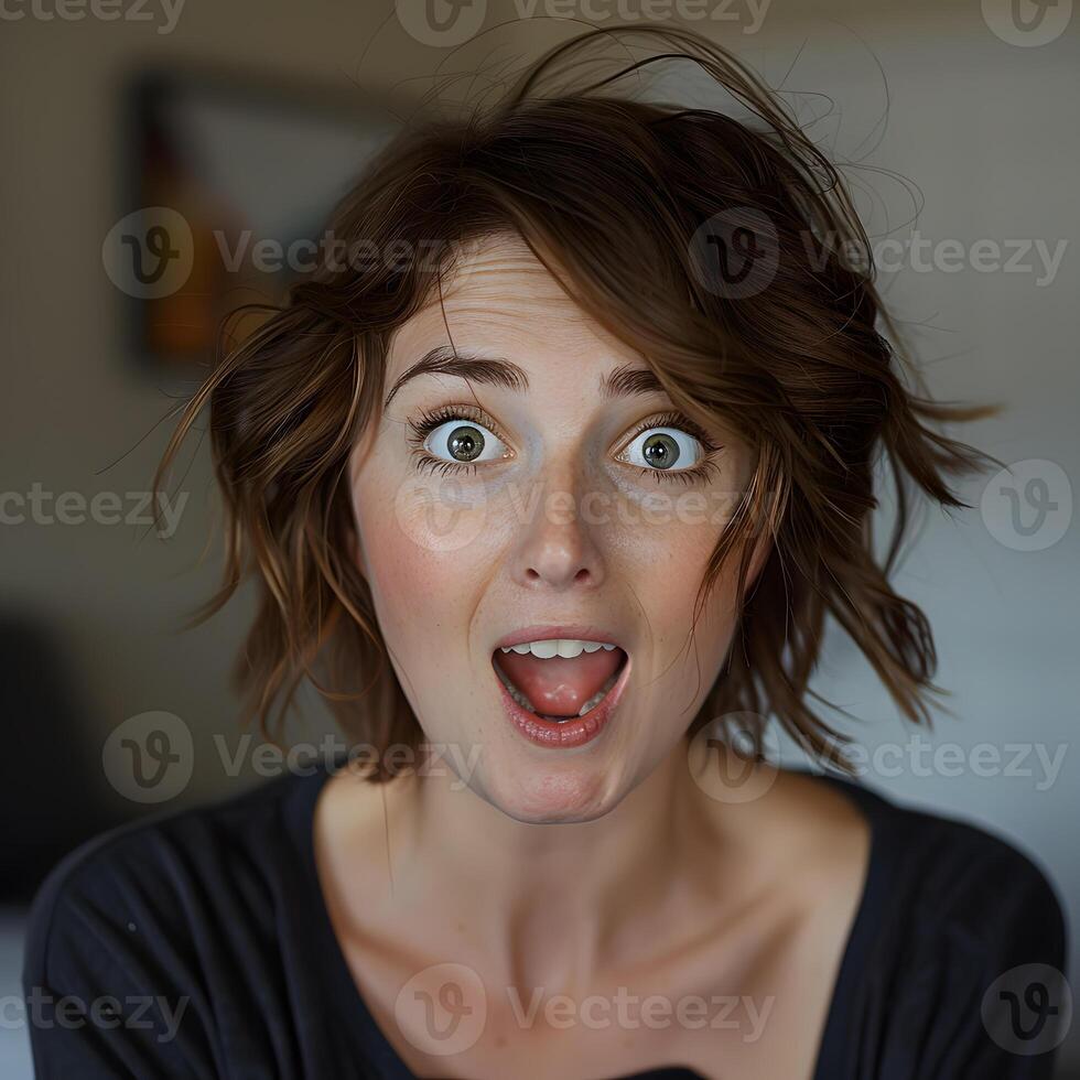 Her raised eyebrow, wide eyes, and parted lips show surprise photo