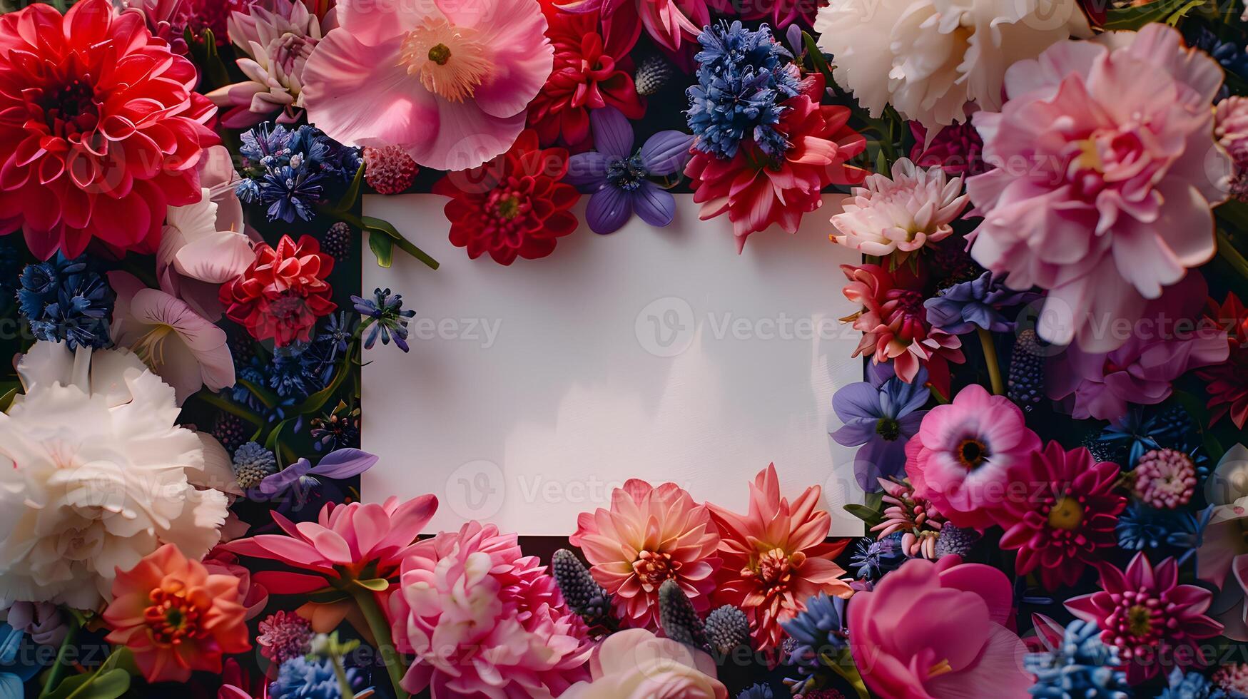 A white card stands out amidst a vibrant display of colorful flowers photo