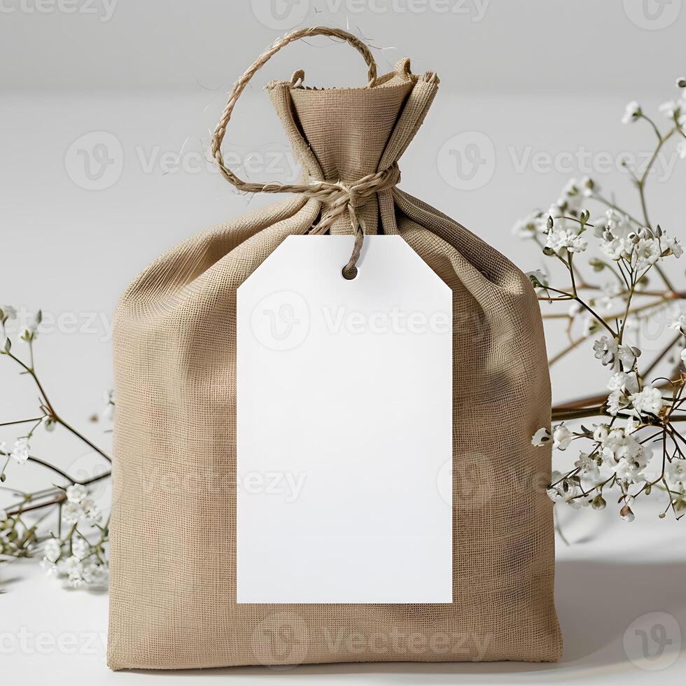 Natural Linen Gift Bag with Blank Tag, Eco-Friendly Packaging photo