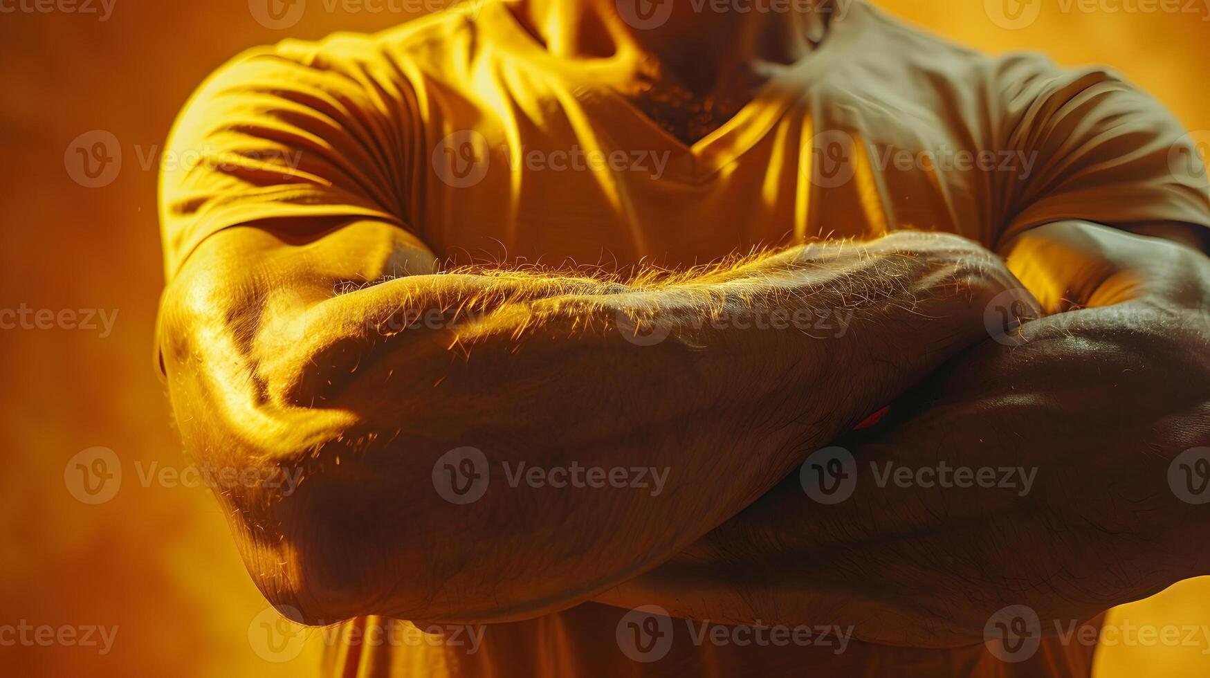 Man in yellow shirt stands with crossed arms, showing a defensive gesture photo