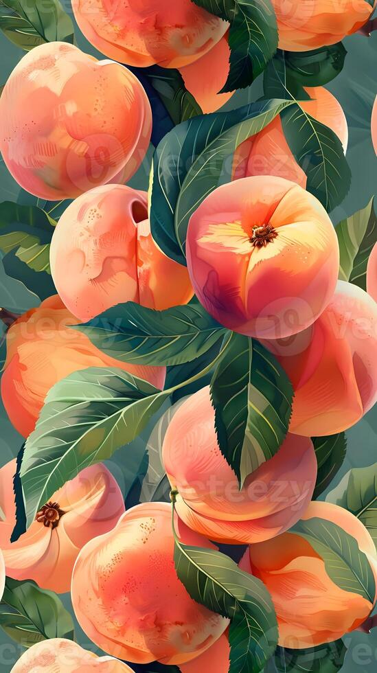 Ripe peaches dangle from the branches of a flowering plant with green leaves photo
