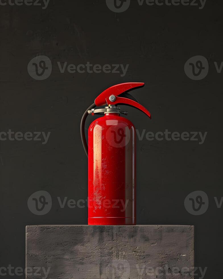 Red fire extinguisher on wooden box, ready for emergency use photo