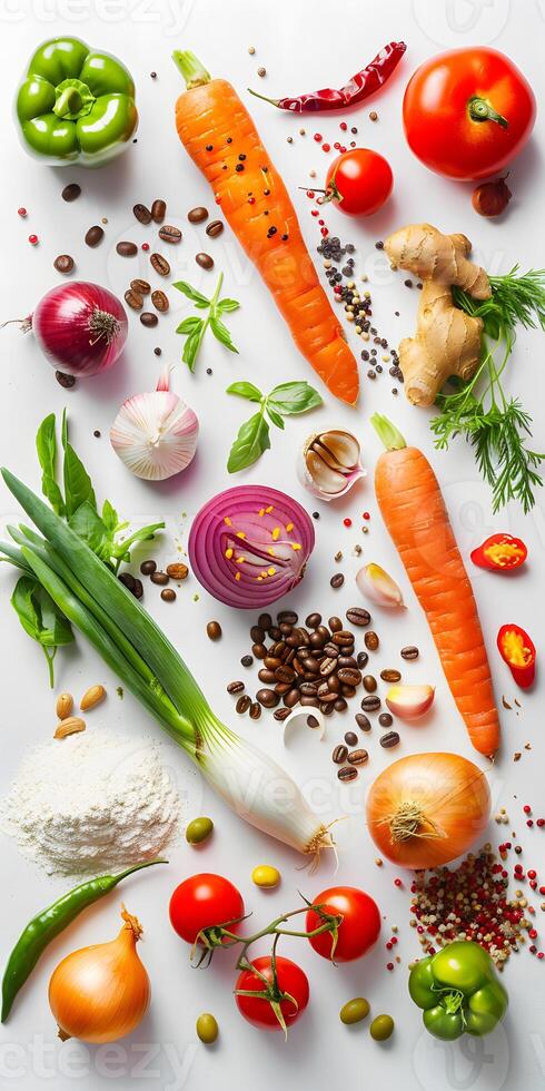 Colorful Fresh Vegetables and Spices on White Background photo