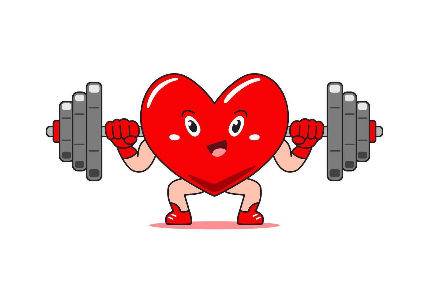 Cartoon heart character doing barbell weight training for design. vector