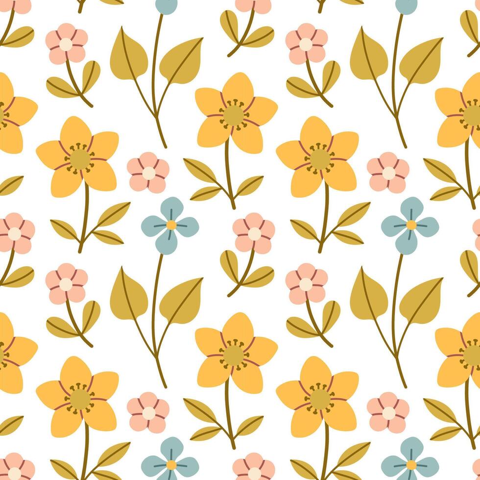 Spring flower pattern on white background. Flower flat pattern. Flower background. Perfect for fabric, textile, wallpaper, decor, print or packaging of products. vector