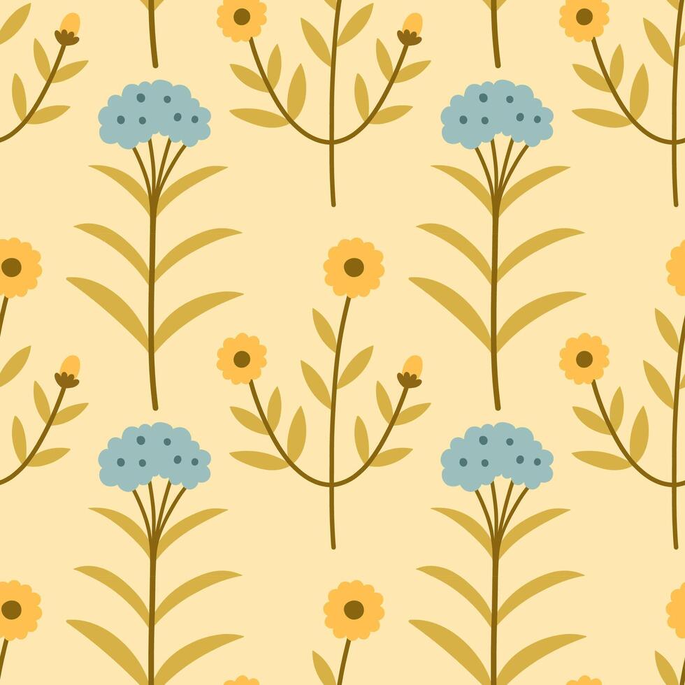 Spring flower pattern on yellow background. Flower flat pattern. Flower background. Perfect for fabric, textile, wallpaper, decor, print or packaging of products. vector