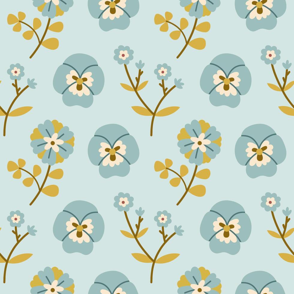 Spring flower pattern on blue background. Flower flat pattern. Flower background. Perfect for fabric, textile, wallpaper, decor, print or packaging of products. vector