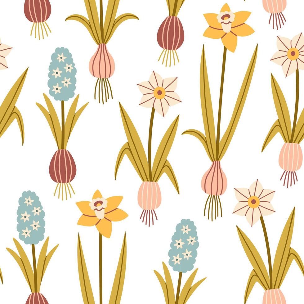 Spring flower pattern on white background. Flower flat pattern. Flower background. Perfect for fabric, textile, wallpaper, decor, print or packaging of products. vector