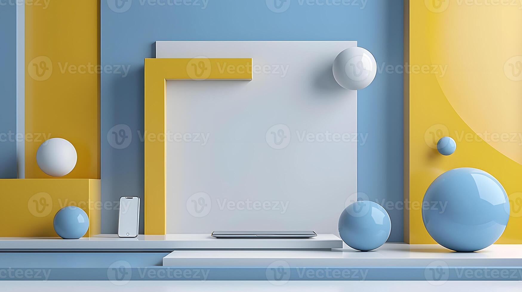 a 3d rendering of a blue , yellow and white abstract background with geometric shapes photo