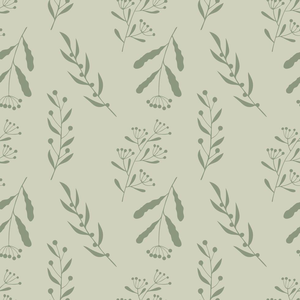 Herbal botanical pattern with green twigs on soft pastel background. Textile. vector