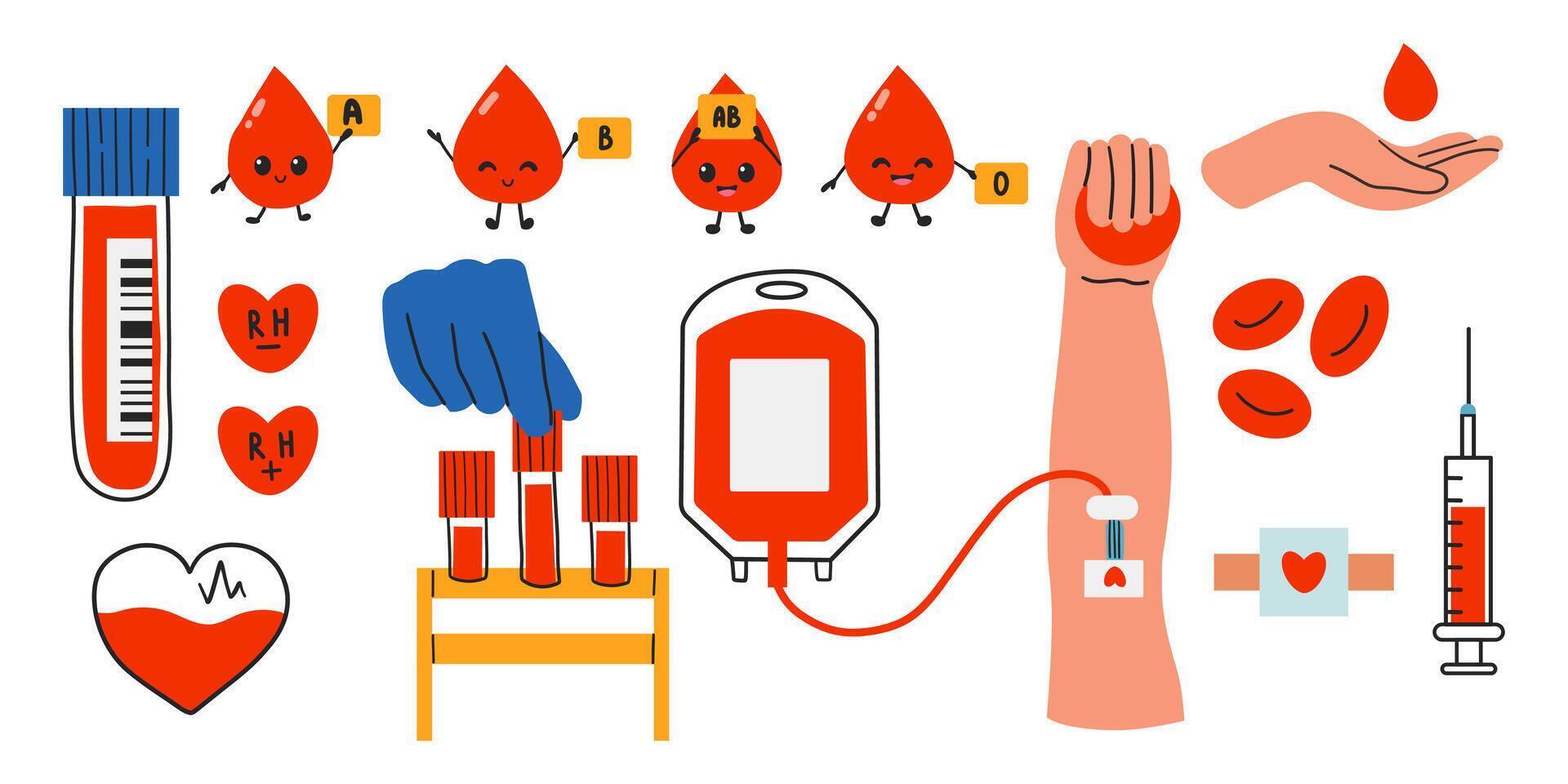 Blood bag, hearts, cute drop mascot. Hand drawn illustrations. Hematology icons set. Donate Blood, Health Care Concept. World Blood Donor Day. Trendy digital art. All elements are isolated vector