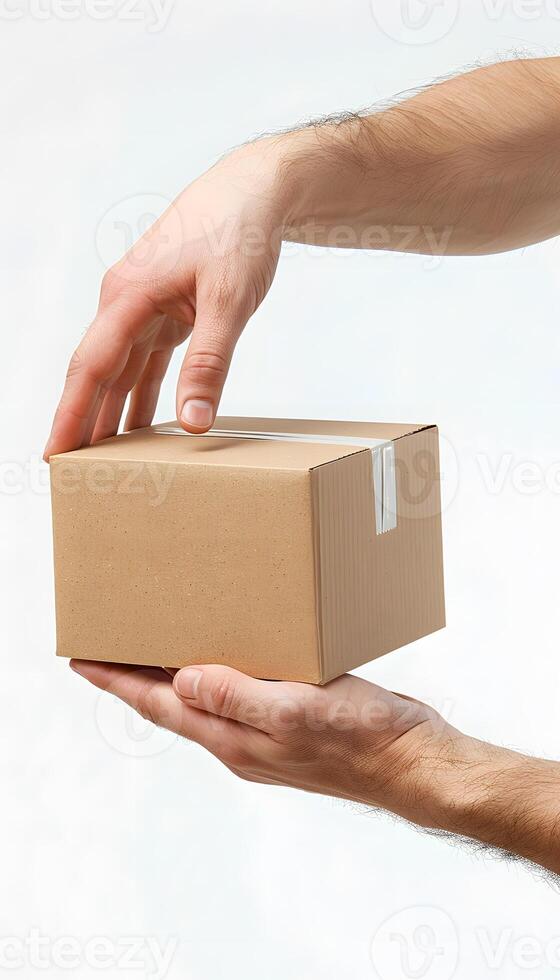 Hand holding a beige hardwood rectangle box with thumb and index finger photo