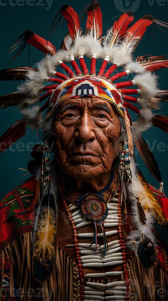 a native american man is wearing a feathered headdress photo