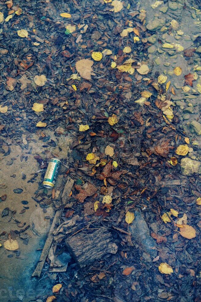 Tin can and a plastic bottle lie at the bottom of the river. Top view photo