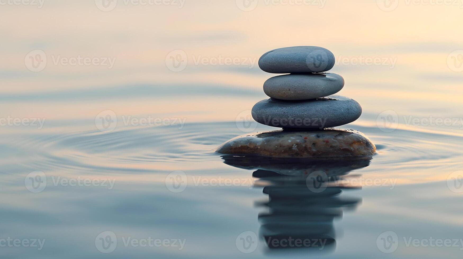 Zen stones stacked in water at sunset, creating a serene scene photo