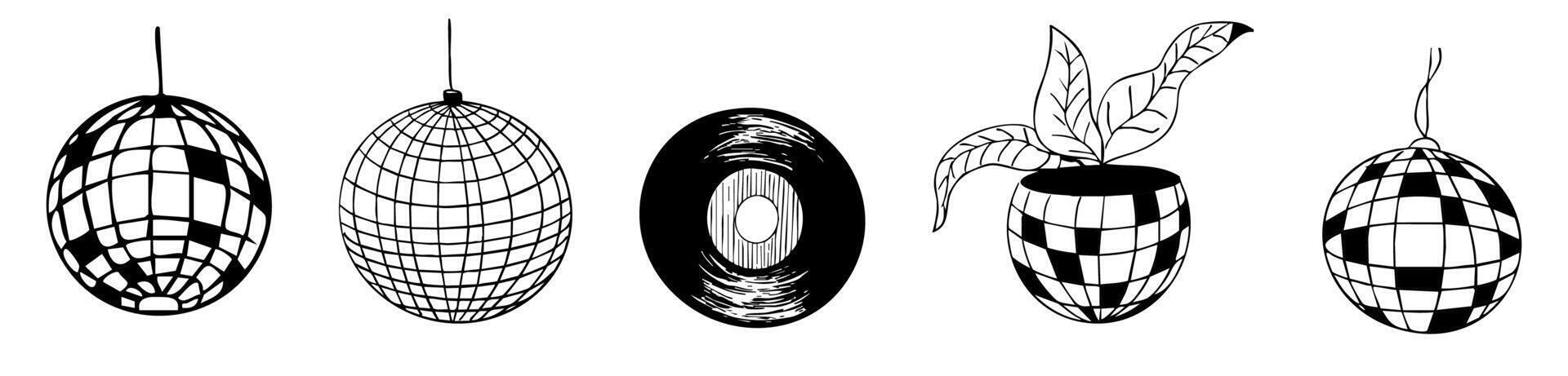 Disco ball doodle line tattoo y2k coquette trendy groovy decoration set. Retro dance party line hand drawn design elements. Disco ball, flower pot, vinyl with stars, sketch vector