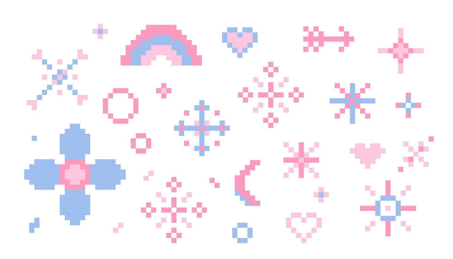 Pixel star sparkle cute retro 8 bit sparkle set. Shiny pink game pixel art effect set. Firework burst, arrow, space decoration. 90s aesthetics, y2k vector