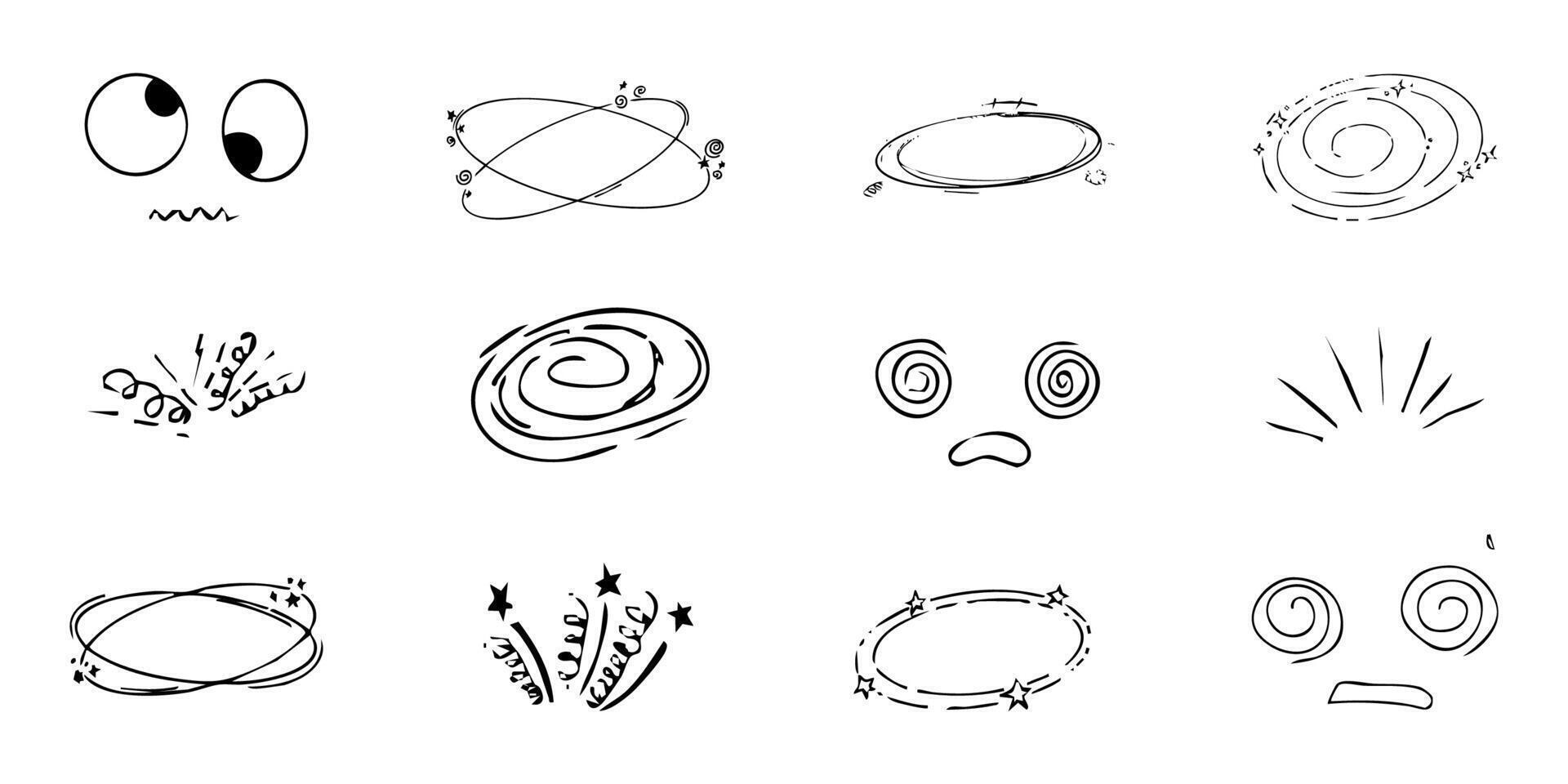 Dizzy effect, headache, sick drawing doodle comic set. dizziness faces, stars overhead anime emotions, crazy hand drawn line collection. vector