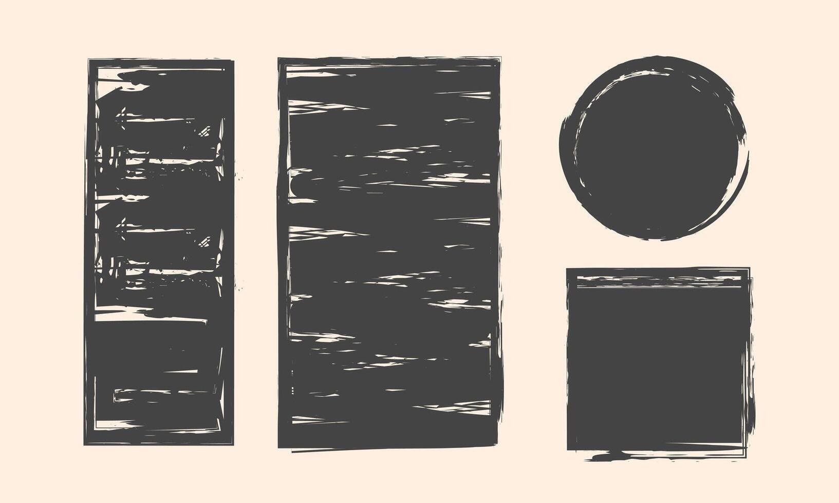 Set of Grainy Shapes. Ink circle and rectangles frames. Hand drawn painty brush forms vector