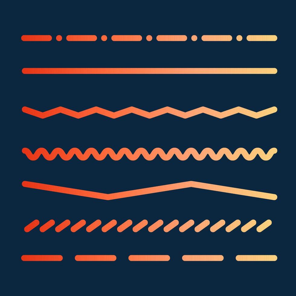 Orange neon gradient lines. Dashed and Waves Dynamic shapes collection on black background vector