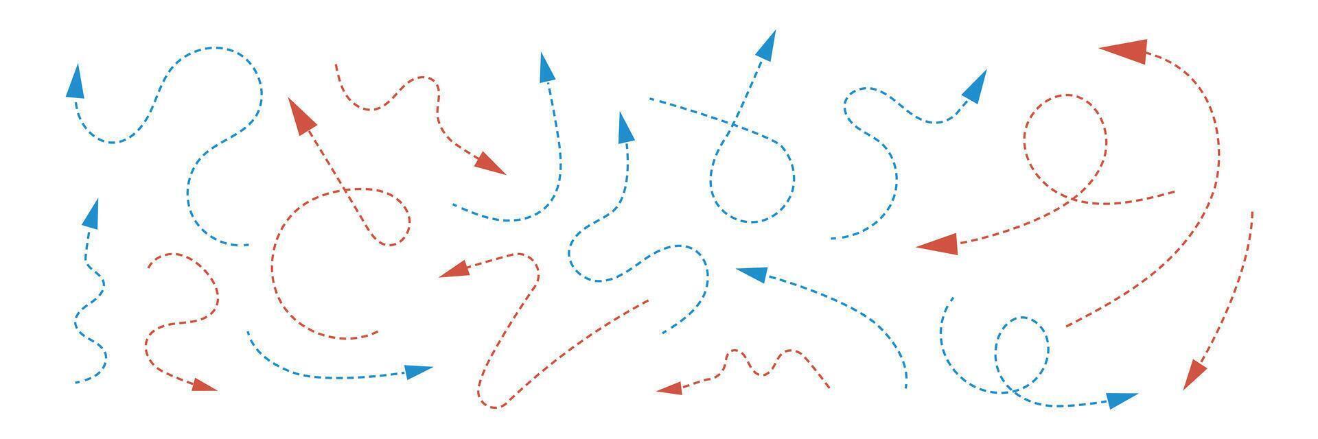 Dashed arrows red and blue colors. Set of curvy direction elements. infographic signs on white vector