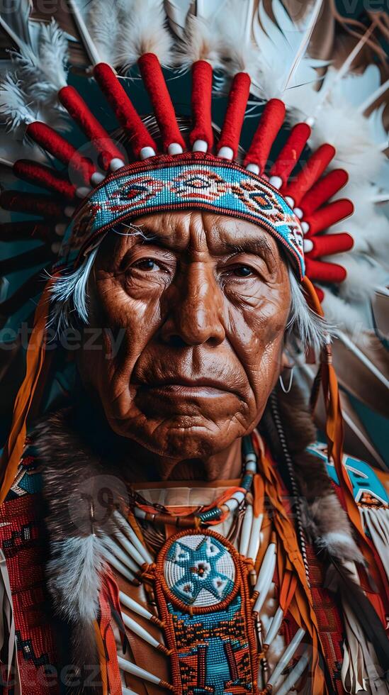 a close up of a native american wearing a headdress and feathers photo